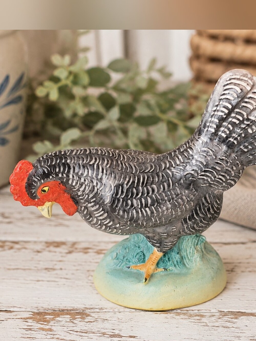 Hand-painted ceramic Scots Grey chicken figurine, designed by Quail‎ Ceramics.